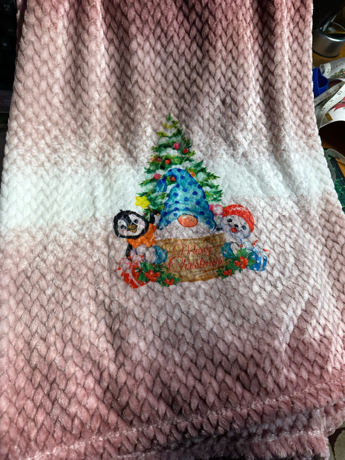 Throw Blanket - Merry Christmas Gnome, tree, penguin, dog - (Ombre Blanket)